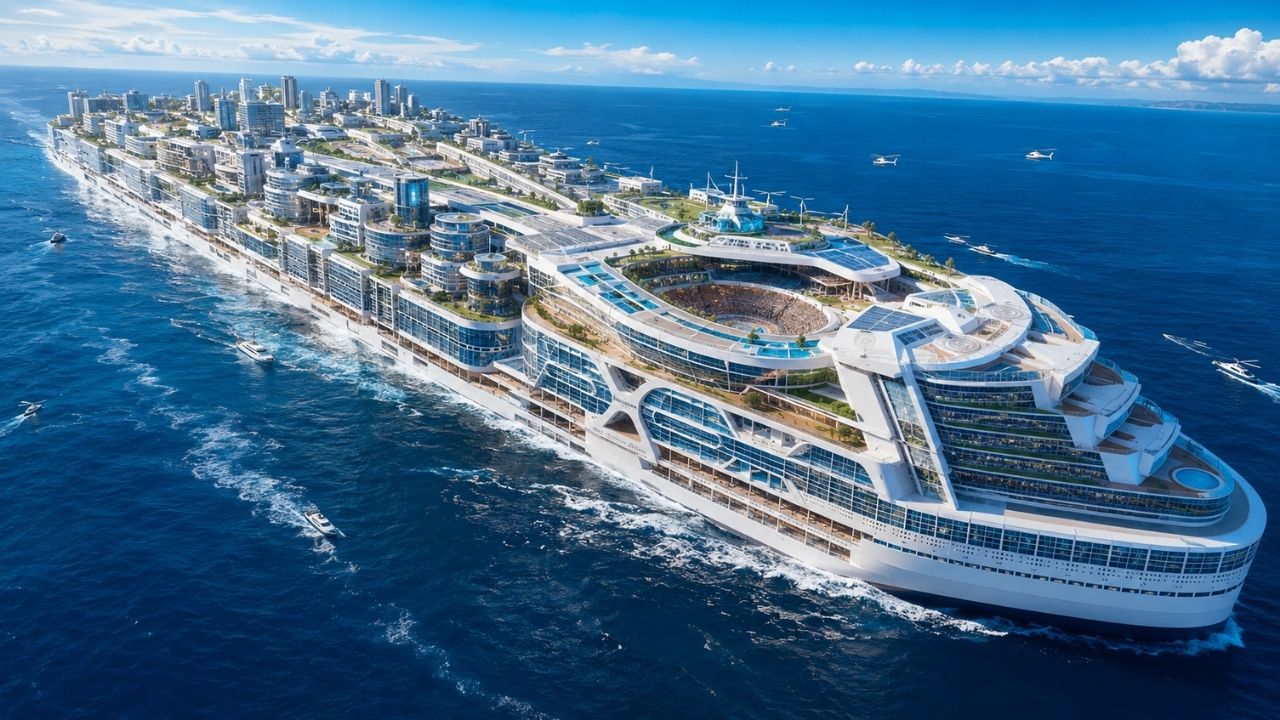 Com quase 1,6 km e capacidade para 80 mil pessoas, cidade flutuante quer navegar o planeta com 30 decks, hospitais, escolas, estádio e energia nuclear, mas ainda luta há 30 anos para (3)
