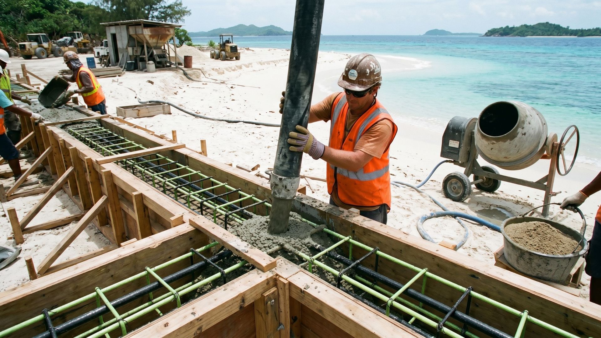 Pesquisas mostram que concreto com água do mar e areia marinha, reforçado com compósitos anticorrosão, pode mudar obras costeiras, portos e ilhas.