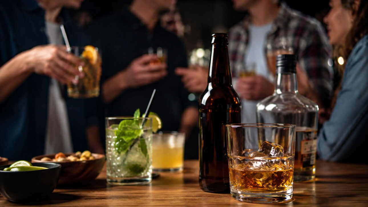Mesa com diferentes bebidas alcoólicas em ambiente social, representando mudanças nos hábitos de consumo e a queda projetada do álcool até 2035.