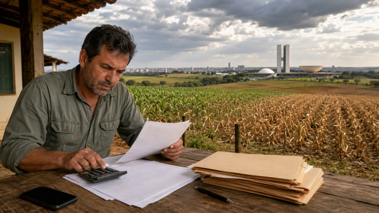 Produtor rural preocupado analisa documentos e calcula dívidas em uma mesa de madeira, com lavoura ao fundo e referência visual a Brasília, representando a renegociação agrícola e o impacto fiscal no governo.