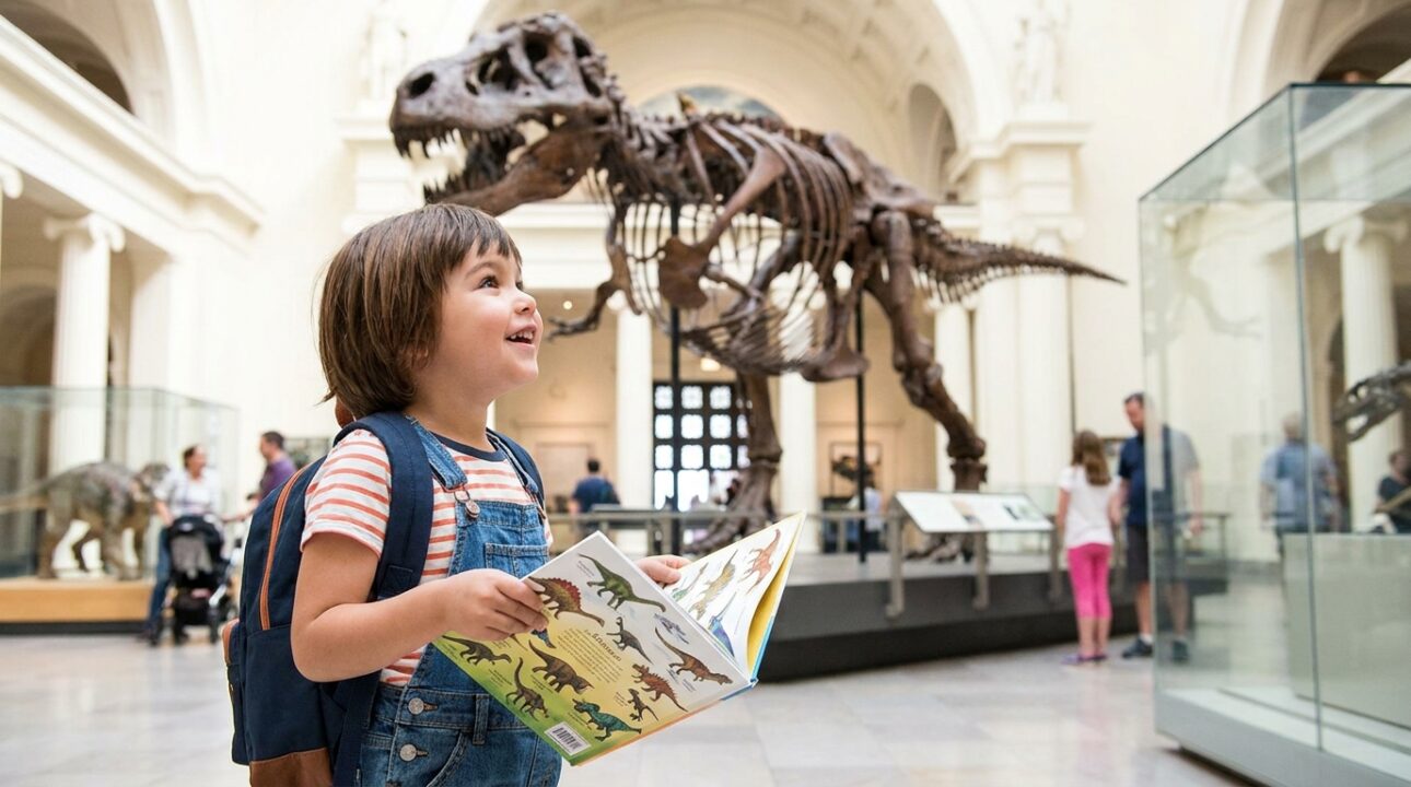 Child enthusiastically observing a large dinosaur skeleton in a natural history museum