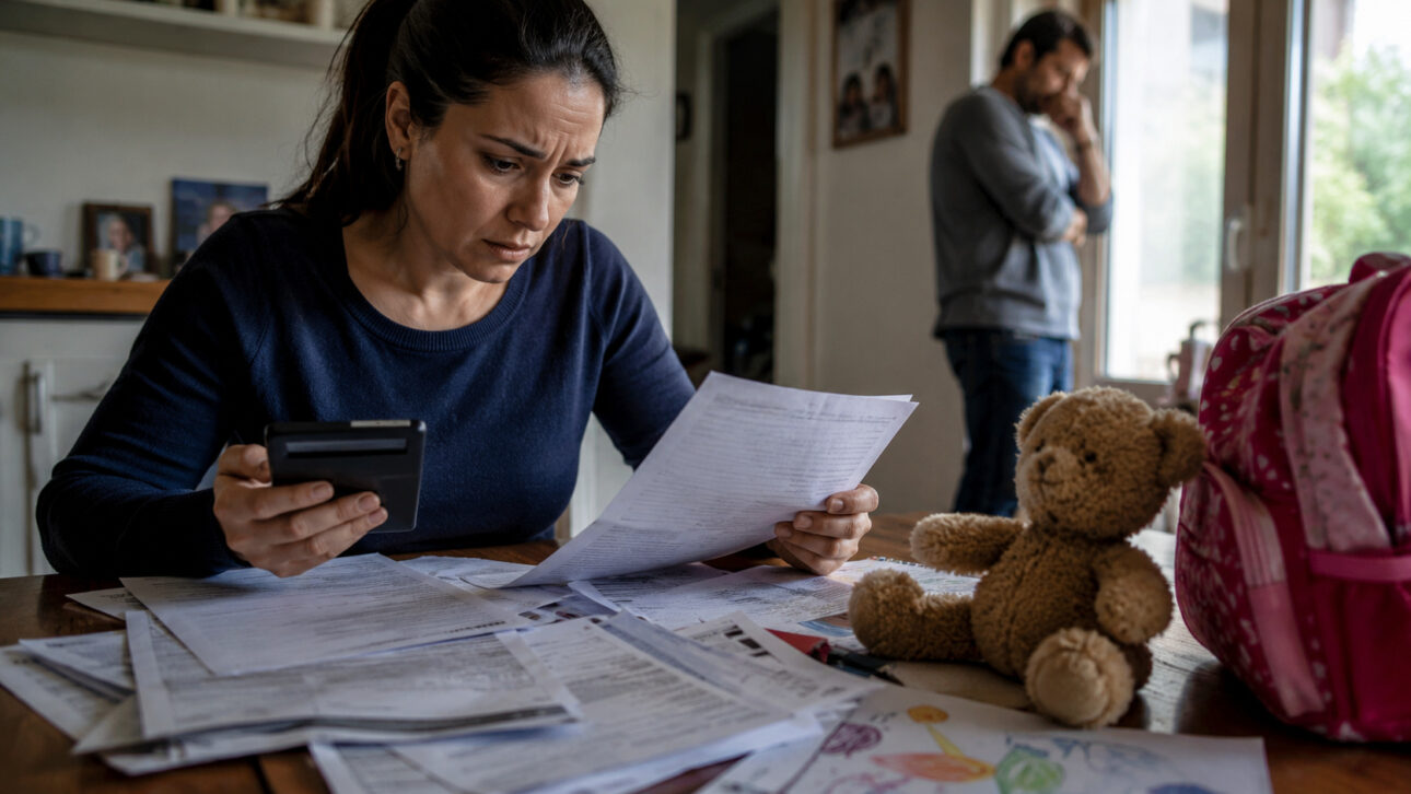 Mulher preocupada analisa documentos e calculadora sobre uma mesa, com mochila infantil, ursinho e papéis ao redor, em imagem ilustrativa sobre dívidas geradas pelo uso do CPF de crianças em empresas.