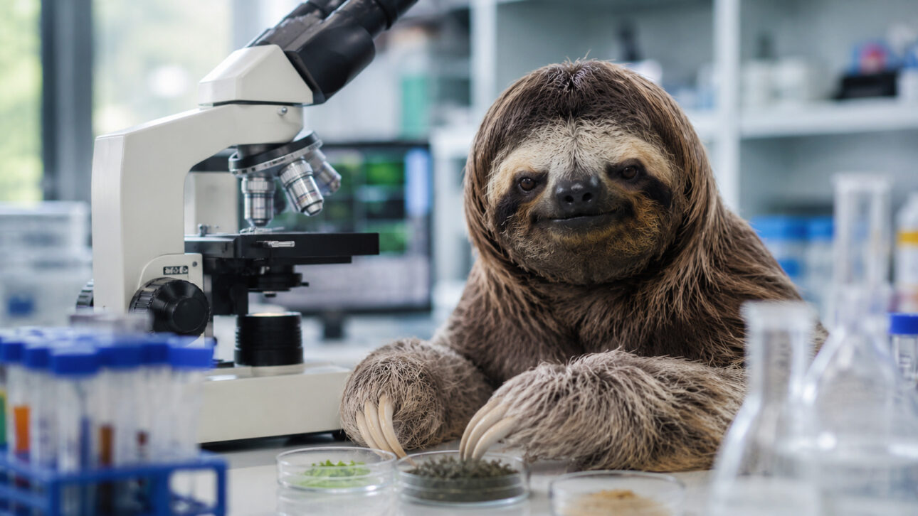 Bicho-preguiça ao lado de microscópio e materiais de laboratório, representando pesquisa sobre DNA, mitocôndrias e metabolismo lento.