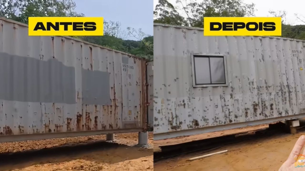 Container house in southern Santa Catarina transforms container with green paint, lack of energy, and work marked by safety and adaptation.