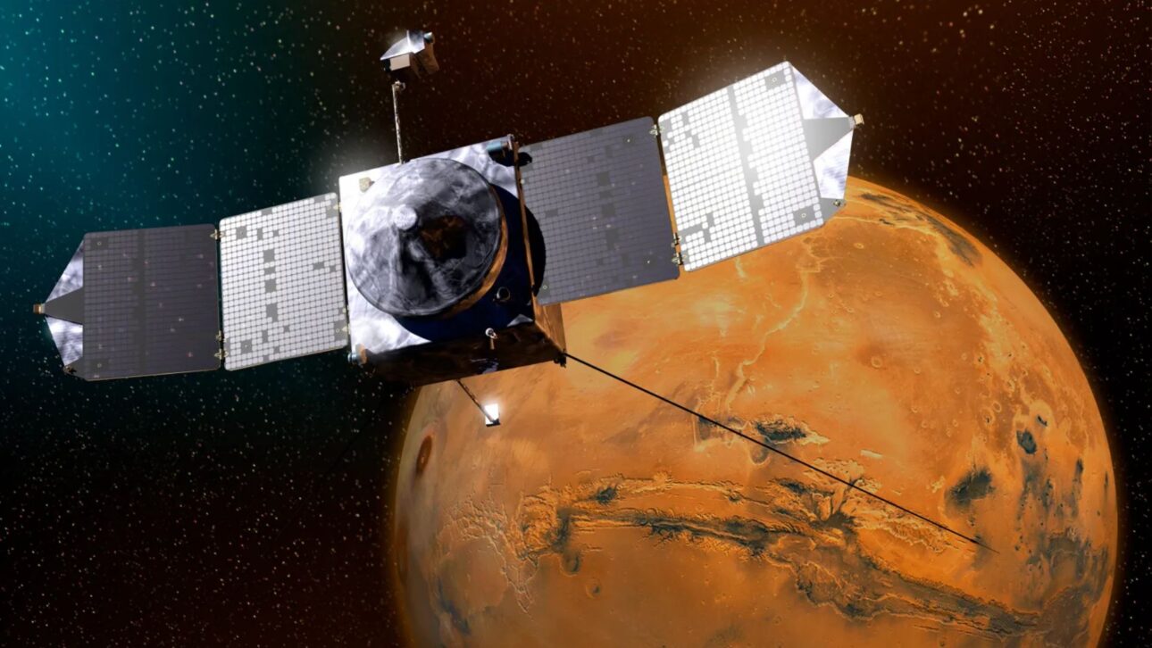 Artistic concept of NASA's MAVEN probe on Mars. The probe entered orbit around the planet in 2014 and completed more than eleven years of observations of the Martian upper atmosphere, ionosphere, and interactions with the Sun and solar wind to explore the loss of the Red Planet's atmosphere to space.
Credit: NASA/Goddard/University of Colorado/Laboratory for Atmospheric and Space Physics