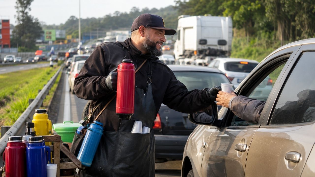 Desempregado e com um filho para sustentar, Joab transformou café quente em recomeço acorda às 2h, vende na Anhanguera, deixa motoristas pagarem depois pelo “Pix da confiança” (3)