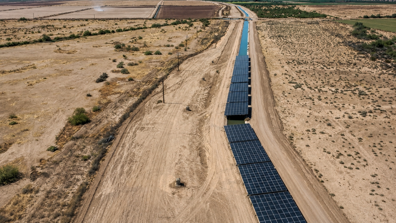 No Arizona, um canal de irrigação virou usina limpa: o projeto da Gila River Indian Community cobriu quase 850 metros do Casa Blanca Canal com 2.556 painéis solares, gerando 1,31 MW de energia e ajudando a reduzir a evaporação em uma das regiões mais secas dos EUA.