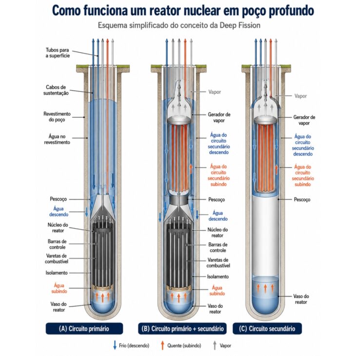 Esquema simplificado mostra como o conceito da Deep Fission pretende levar um pequeno reator nuclear modular para dentro de um poço profundo, usando água, pressão natural do subsolo e circulação térmica para gerar vapor e produzir energia na superfície.
