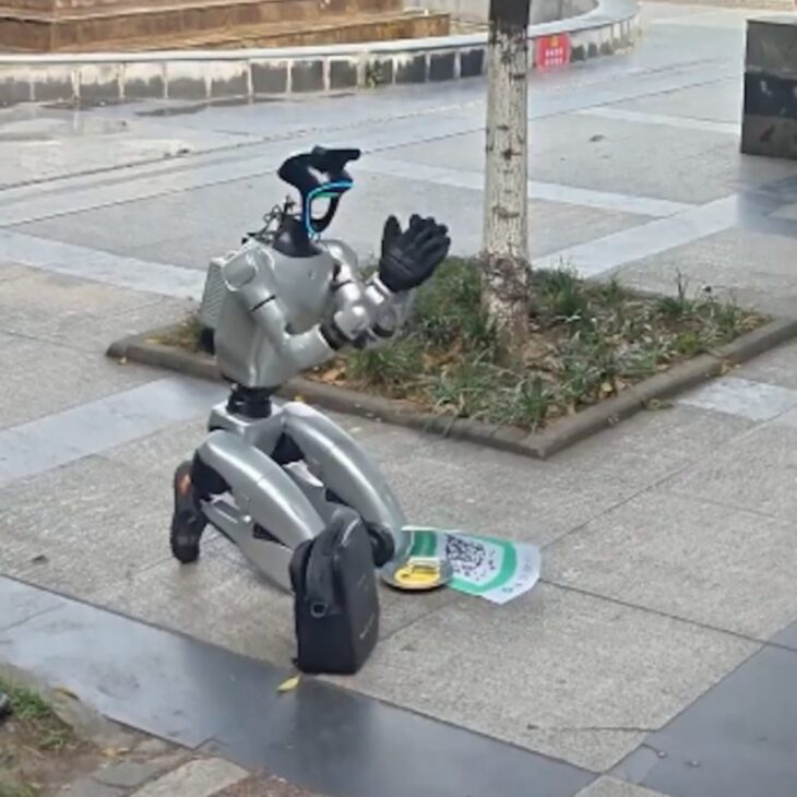 Robô humanoide aparece ajoelhado em uma calçada na China com QR Code e tigela para doações, em uma cena viral que mistura humor, tecnologia e debate sobre até onde a inteligência artificial pode ocupar espaços antes vistos como exclusivamente humanos.