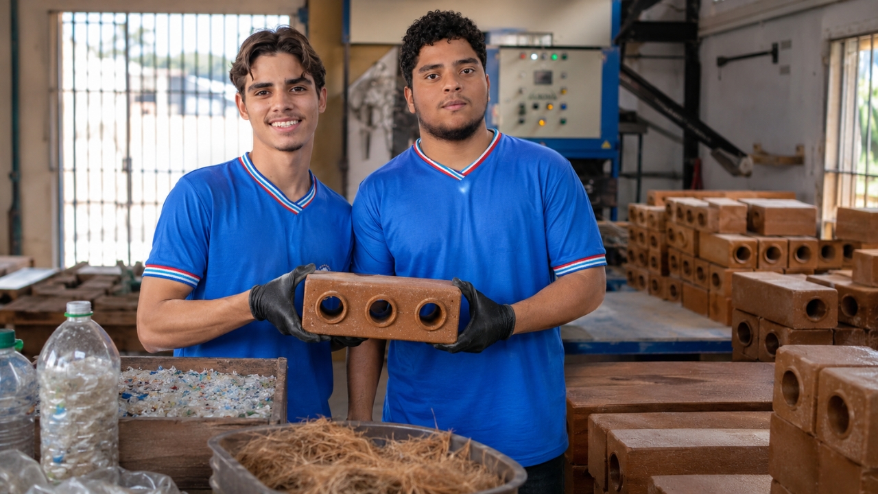 Jovens baianos transformam garrafas, frascos e canos descartados em tijolos ecológicos com fibra de coco e mostram como o plástico reciclável pode sair do lixo para virar alternativa mais sustentável na construção civil