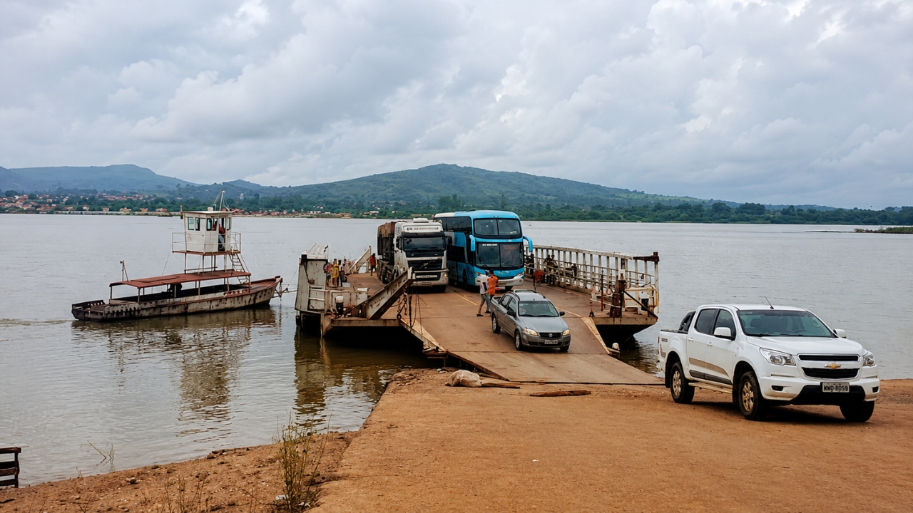 Balsa transporta carros, caminhão e ônibus em uma travessia que fazia parte da rotina entre Tocantins e Pará, antes da nova ponte criar uma ligação direta e reduzir a dependência de uma operação cara, lenta e sujeita a espera.