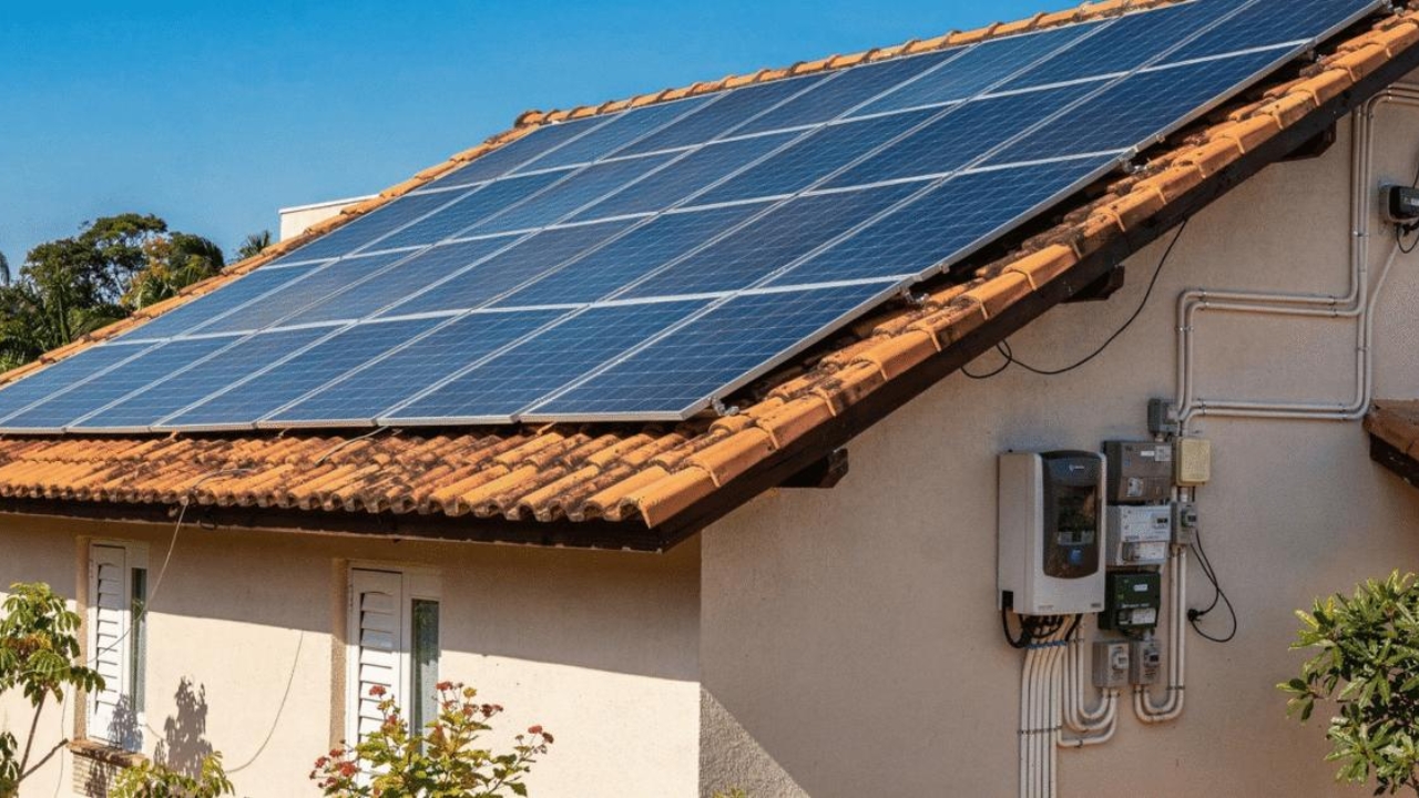 Residential solar energy system helps explain the case of Maringá, where a 980 m² house received 48 solar panels, had an investment of R$ 70,000, and saw the electricity bill drop from about R$ 1,200 to approximately R$ 200 per month.