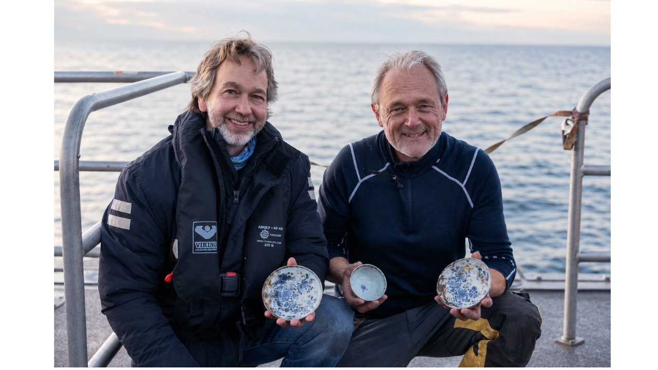 Two researchers display Chinese porcelain retrieved from the 18th-century shipwreck found in the Skagerrak, Norway, at about 600 meters deep, where plates, cups, fabrics, grains, and parts of chandeliers have been preserved for almost 300 years, while archaeologists are still trying to discover the origin and destination of the ship.