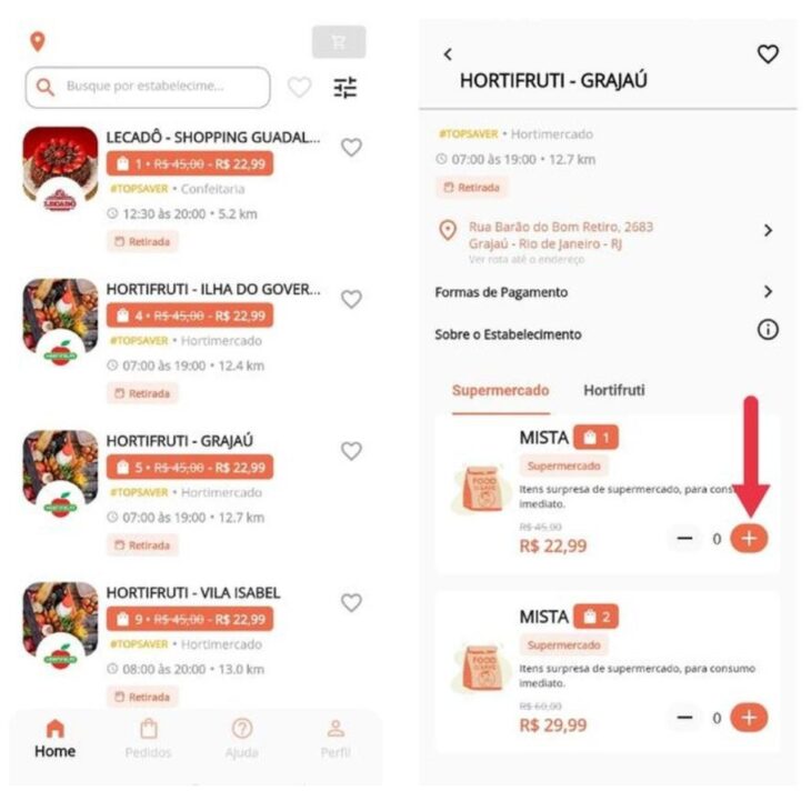 Tela do aplicativo Food To Save mostra sacolas surpresa vendidas por estabelecimentos parceiros, com retirada presencial e preços reduzidos para alimentos que ainda estão próprios para consumo imediato.