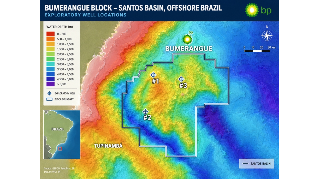 Mapa batimétrico ilustra o bloco Bumerangue, na Bacia de Santos, onde a BP perfurou o poço 1-BP-13-SPS em águas ultraprofundas, a 2.372 metros de lâmina d’água, atingindo 5.855 metros de profundidade total e confirmando uma coluna bruta de cerca de 1.000 metros de hidrocarbonetos.