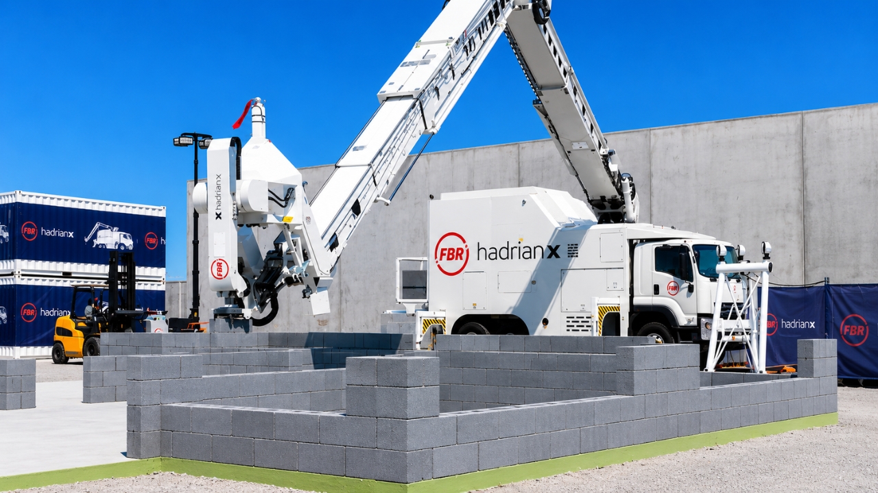 O robô assentador Hadrian X, desenvolvido pela australiana FBR, aparece trabalhando na montagem de paredes de blocos com um braço automatizado acoplado a um caminhão, em uma demonstração de como a construção civil começa a trocar o ritmo manual do canteiro por máquinas de alta precisão capazes de executar tarefas repetitivas em escala industrial.