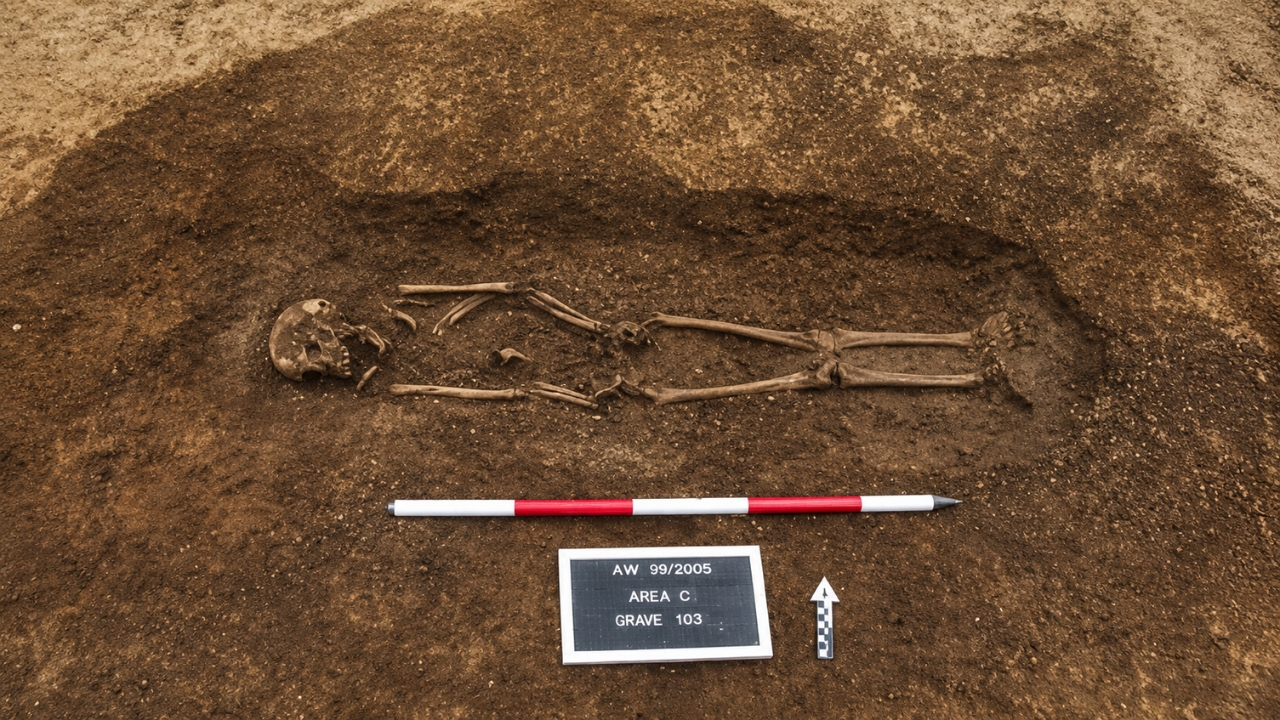 Sepultamento antigo revelado durante escavações arqueológicas ligadas a uma obra rodoviária na Inglaterra. As investigações no traçado da nova estrada encontraram restos de 7 pessoas, um poço romano, cerâmicas antigas e possíveis casas anglo-saxãs, mostrando que o solo guardava camadas de ocupação humana que podem remontar a milhares de anos.