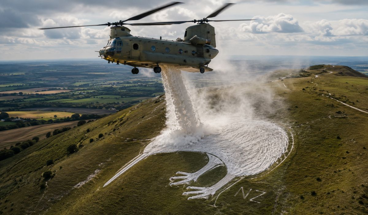 Chinook despeja 10 toneladas de giz para restaurar o Bulford Kiwi, monumento gigante criado por soldados neozelandeses em 1919. (Imagem: Ilustrativa)