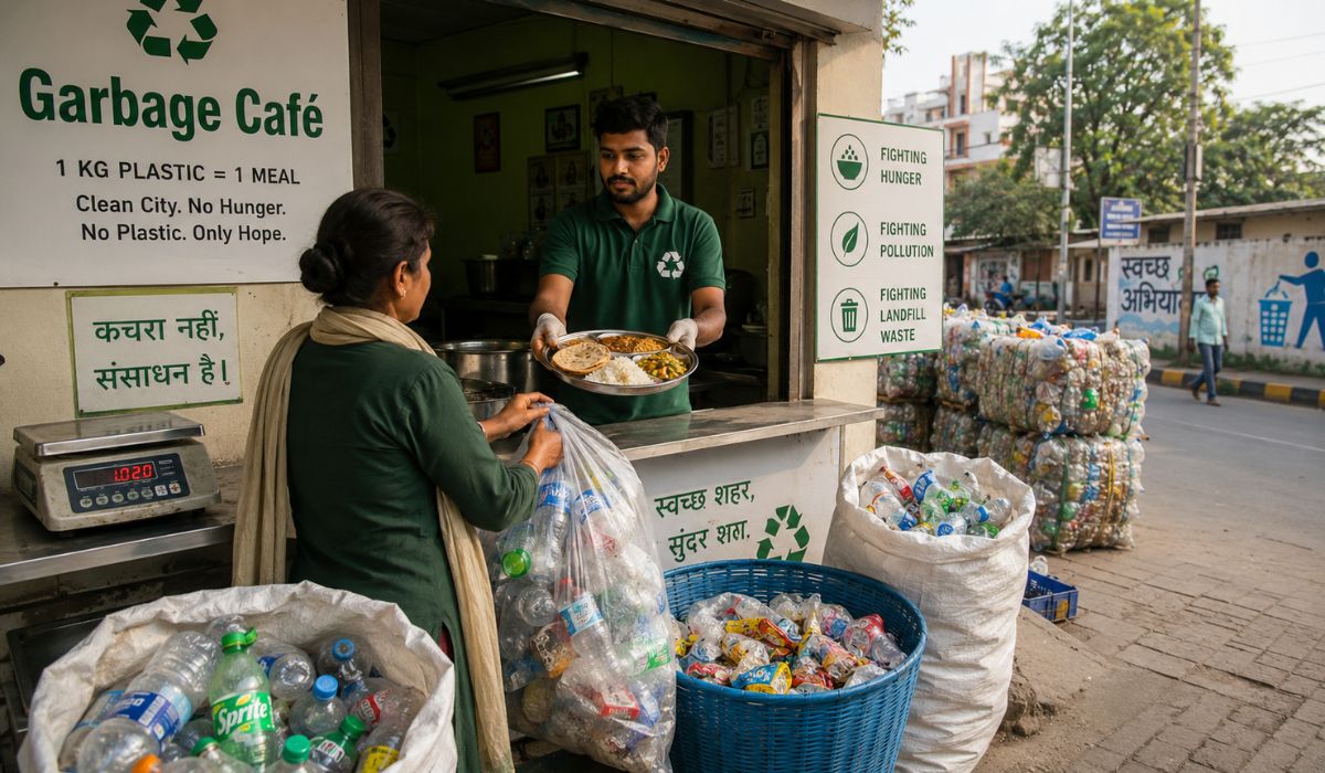 Garbage Café de Ambikapur troca plástico por refeições e vira exemplo de limpeza urbana na Índia após elogio de Narendra Modi no rádio. (Imagem: Ilustrativa)