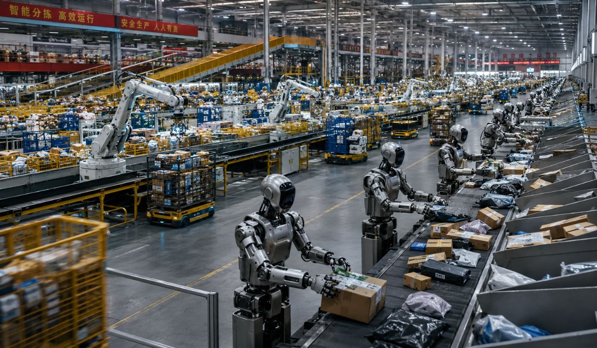 Robôs humanoides separam até 1.200 encomendas por hora em centro postal da China com esteiras, braços robóticos e IA. (Imagem: Ilustrativa)