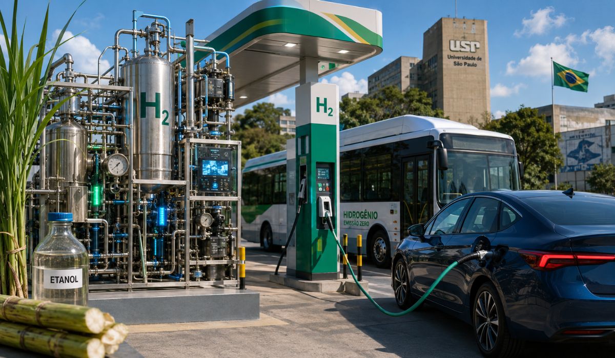 USP testa estação que transforma etanol em hidrogênio renovável e abastece ônibus e carros sem depender de postos tradicionais de H2. (Imagem: Ilustrativa)