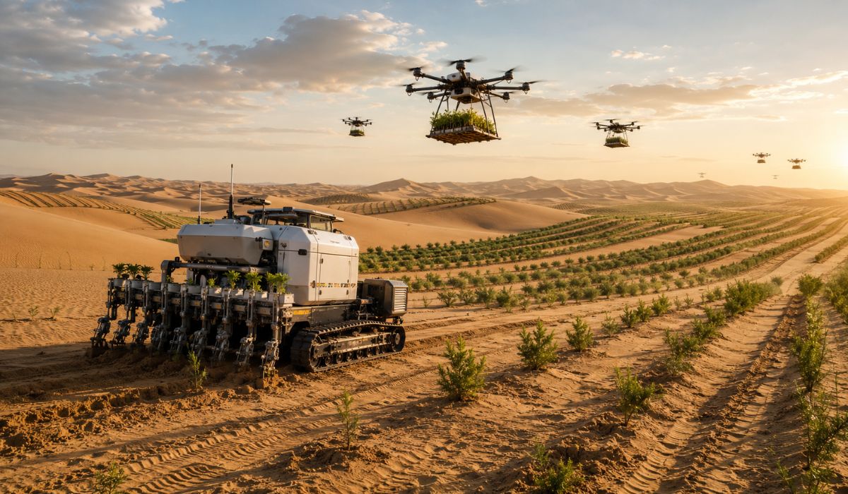 China usa drones e robôs no deserto de Mu Us para plantar mudas, abrir sulcos na areia e conter o avanço das dunas. (Imagem: Ilustrativa)