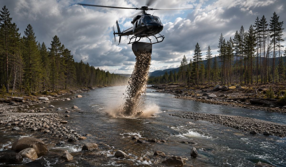 Helicóptero lança areia e cascalho no rio Abramsån para restaurar habitats aquáticos afetados pela exploração madeireira. (Imagem: Ilustrativa)