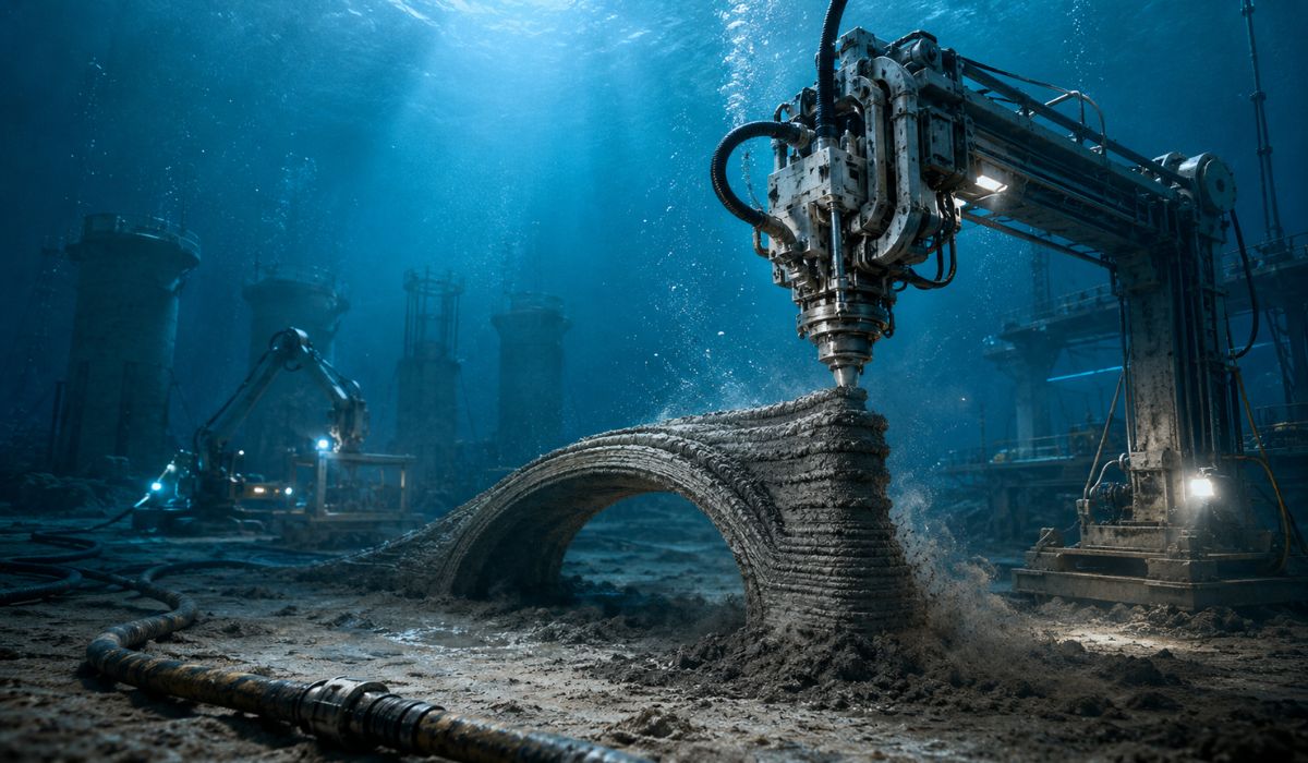 Cientistas da Cornell testam concreto com sedimento marinho para imprimir estruturas 3D debaixo d’água usando robôs em pesquisa experimental. (Imagem: Ilustrativa)