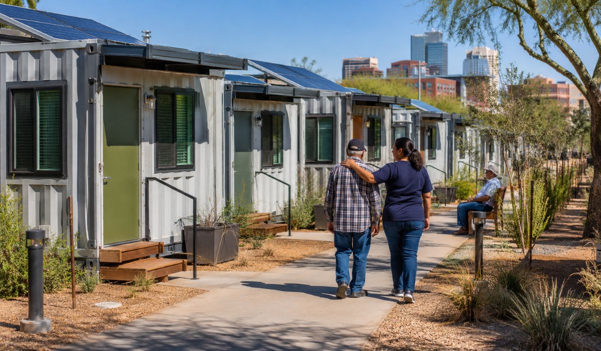 Phoenix usa contêineres adaptados em moradias para idosos sem teto, com energia solar e apartamentos permanentes em construção nos EUA. (Imagem: Ilustrativa)