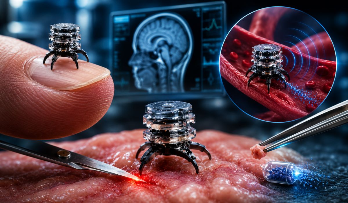 Robô cirúrgico de 4,4 mm usa magnetismo para cortar tecidos, liberar remédios e coletar amostras em testes de laboratório na NTU. (Imagem: Ilustrativa)