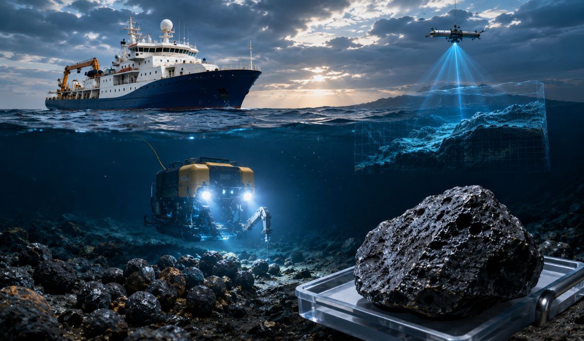China testa sistema de 10 mil metros no Pacífico e coleta nódulos minerais e 90 kg de rochas em expedição científica no oceano. (Imagem: Ilustrativa)