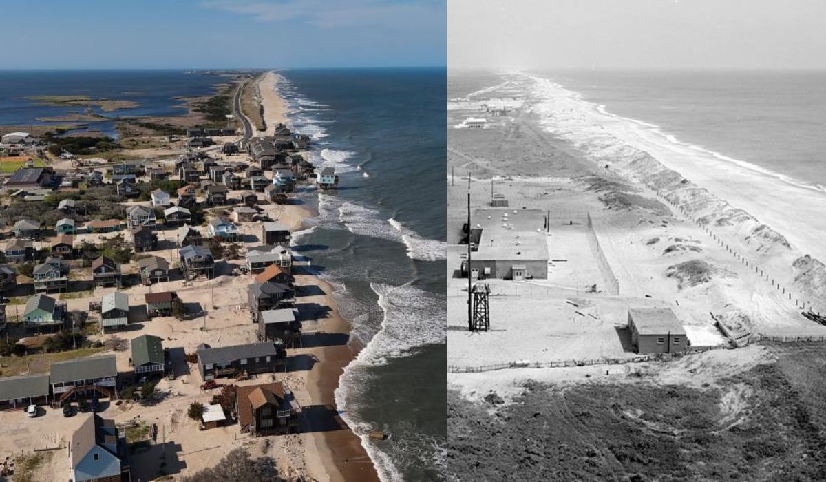Foto de 1955 tirada do farol de Cape Hatteras em Buxton. Uma imagem aérea de 2026 mostra o desenvolvimento na ilha, com algumas casas visivelmente prestes a desabar no oceano em abril. (Imagem: National Park Service; Thalia Juarez)