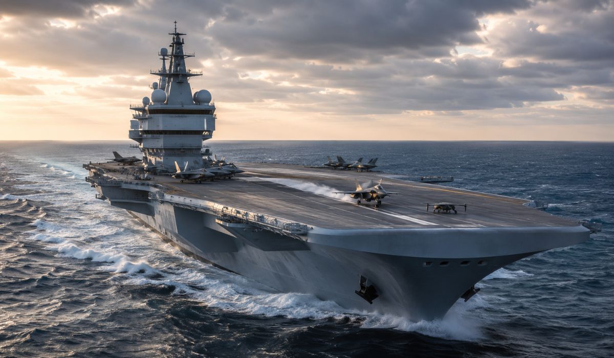 França prepara o porta-aviões nuclear France Libre, sucessor do Charles de Gaulle, com tecnologia militar e estreia prevista para 2038. (Imagem: Ilustrativa)