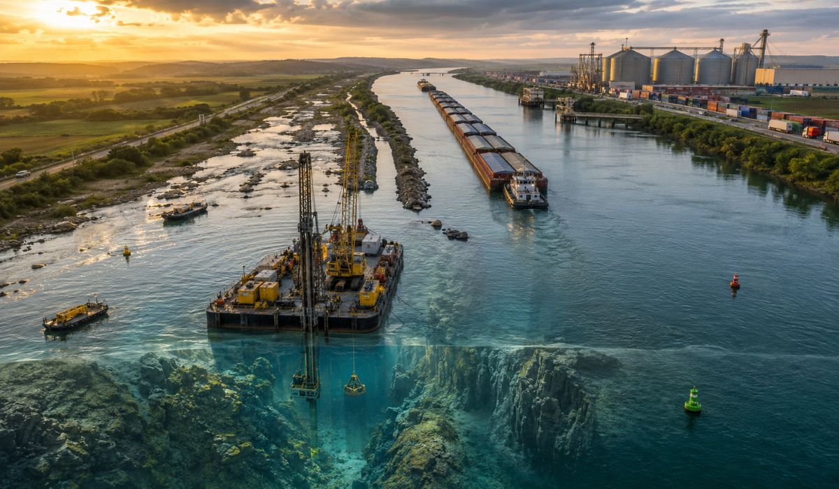 Obra de R$ 293,8 milhões aprofunda canal no rio Tietê para ampliar comboios na hidrovia Tietê-Paraná até o Porto de Santos. (Imagem: Ilustrativa)