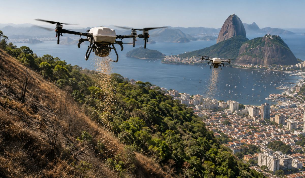 Rio usa drones semeadores e inteligência artificial para lançar sementes nativas em áreas degradadas e recuperar encostas de difícil acesso. (Imagem: Ilustrativa)