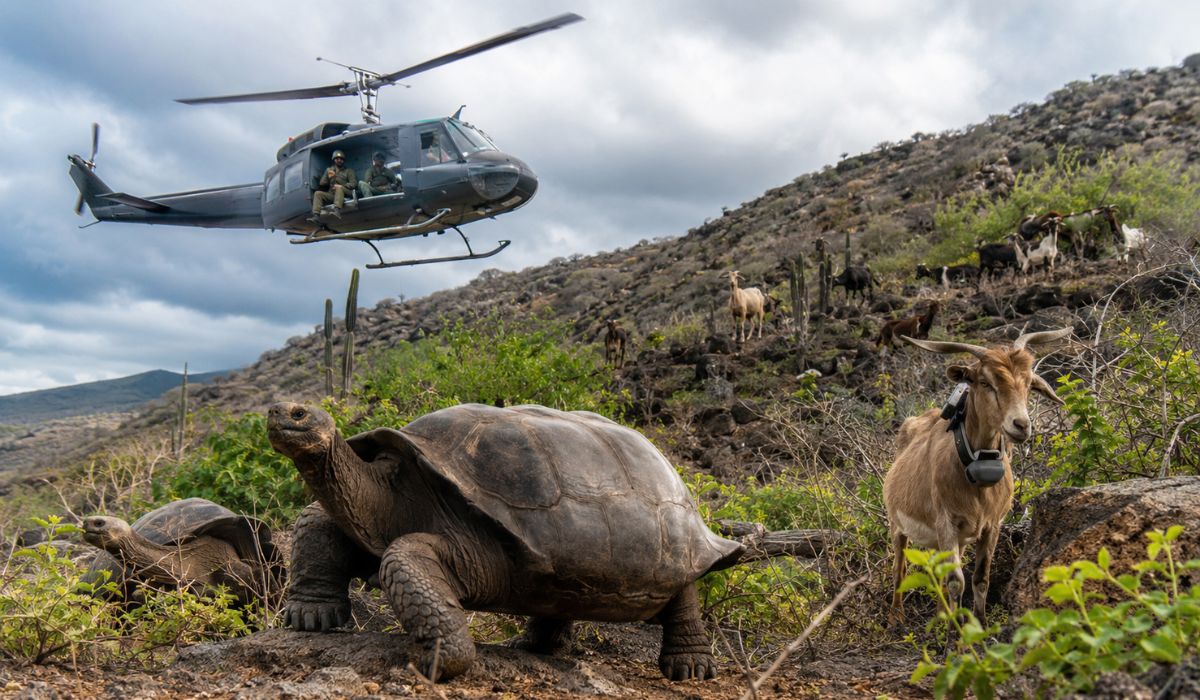 Projeto Isabela usou helicópteros e cabras rastreadoras para remover invasores e proteger tartarugas gigantes em Galápagos. (Imagem: Ilustrativa)