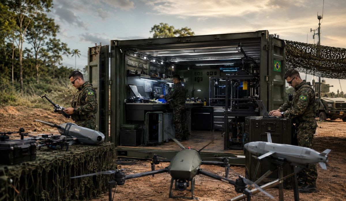 Exército testa fábrica móvel de drones em contêiner com impressão 3D para acelerar produção e adaptação em operações de campo. (Imagem: Ilustrativa)