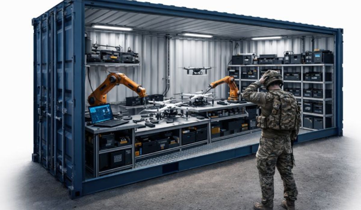 Fábrica de drones em container (renderização de Tim De Zitter) - Imagem: LRCA