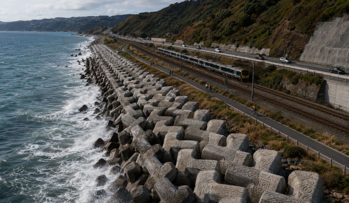 Nova Zelândia usa quase 7 mil blocos de concreto em X para proteger ferrovia, rodovia e ciclovia na costa de Wellington. (Imagem: Ilustrativa)