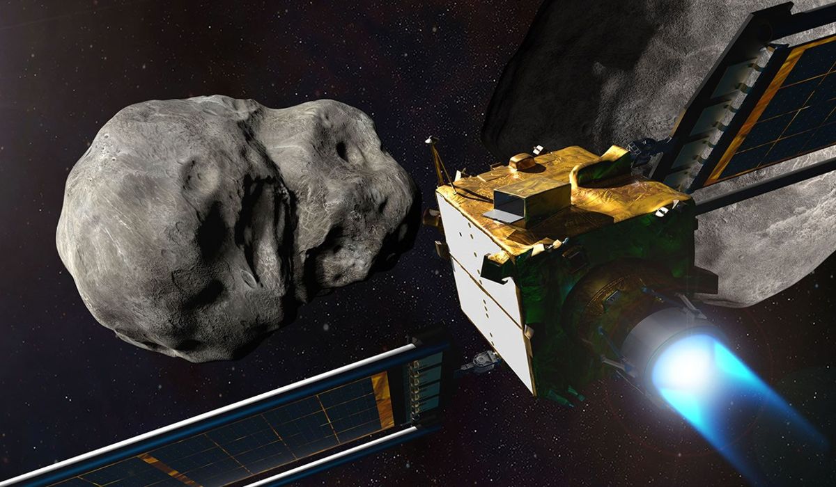 Representação digital da missão DART da NASA, onde se estreou contra o asteroide Dimorphos em 2022 para testar técnicas de defesa planetária. (Imagem: NASA/Johns Hopkins APL/Steve Gribben)