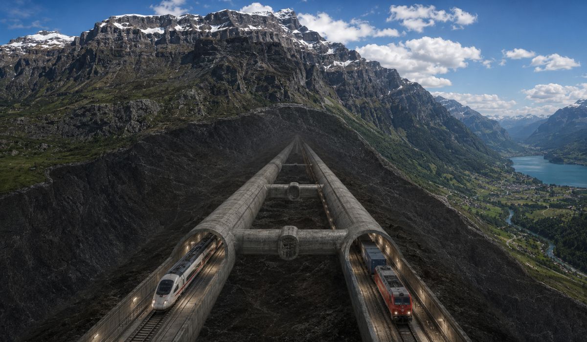 Conheça o Túnel de Base de São Gotardo, obra ferroviária sob os Alpes que levou 17 anos e cruza 57 km de rocha extrema com calor de 50°C. (Imagem: Ilustrativa)