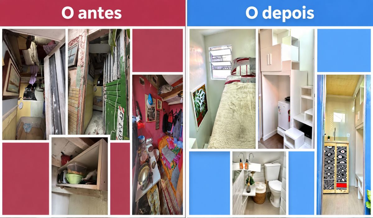 Antes e depois da reforma na casa de Tiquinho, no Jardim Colombo, em São Paulo - Crédito: Reprodução /Instituto Fazendinhando.