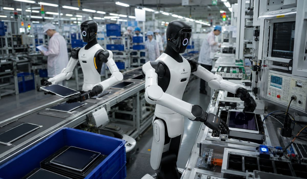 Robôs humanoides da AgiBot operam em linha de tablets na China e exibem avanços da automação industrial com IA em fábrica real. (Imagem: Ilustrativa)