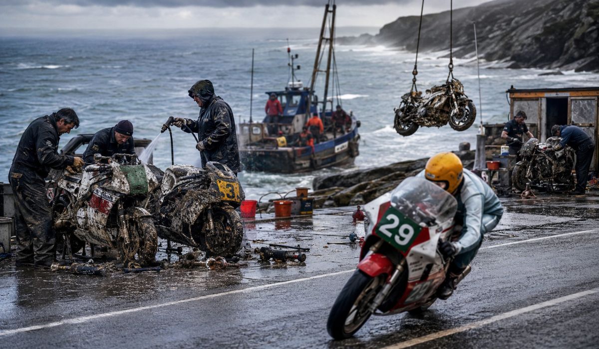 Naufrágio com motos de Joey Dunlop antes do Isle of Man TT virou lenda após resgate e três vitórias históricas na corrida de 1985. (Imagem: Ilustrativa)