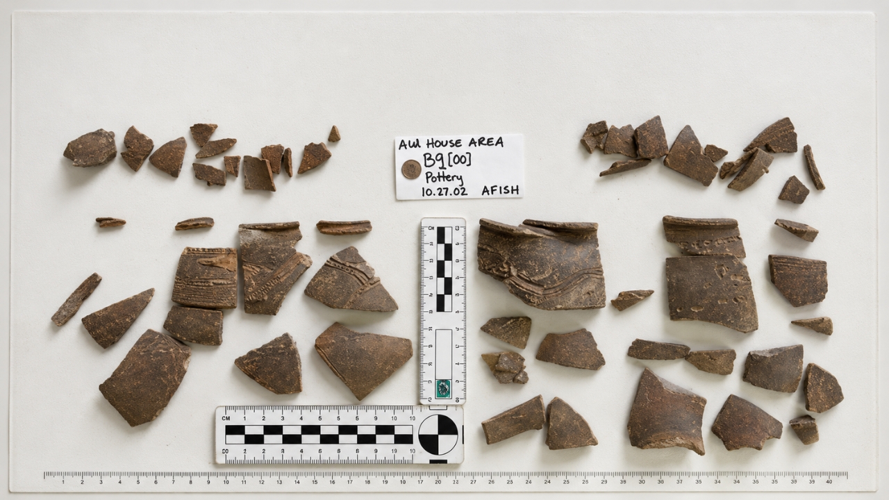 Fragmentos de cerâmica catalogados durante escavação arqueológica ligada à obra rodoviária na Inglaterra. Ao todo, as investigações no traçado da futura estrada identificaram 163 peças cerâmicas, além de sepultamentos antigos, um poço romano e possíveis casas anglo-saxãs, revelando como objetos quebrados podem reconstruir milhares de anos de ocupação humana.