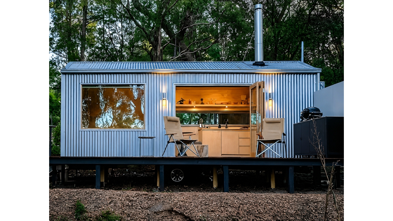 Zinc Studio's pre-fabricated cabin shows how a compact structure on a steel base can arrive almost ready at the site, be transported by truck, and transform rural areas into complete homes or short-term accommodations, with kitchen, bathroom, deck, and architectural look without months of traditional construction.