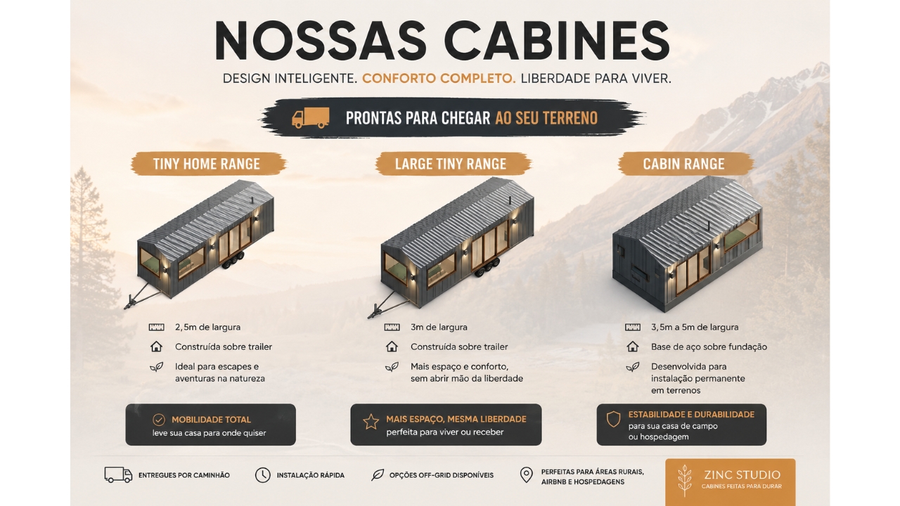 The Zinc Studio cabin line shows three different proposals for compact living: models on trailers 2.5 m and 3 m wide and the Cabin Range version, 3.5 m to 5 m, built on a steel base, delivered by truck and designed for rural land, accommodations, and off-grid projects.