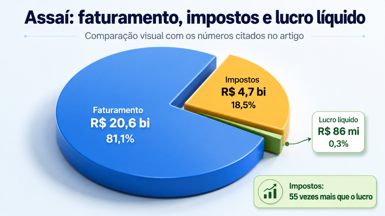 Gráfico produzido pelo Click Petróleo e Gás mostra a diferença de escala entre os números confirmados do Assaí no 1T26: faturamento de R$ 20,6 bilhões e lucro líquido de R$ 86 milhões, o que indica que cerca de R$ 0,42 ficaram como lucro para cada R$ 100 movimentados pela operação.