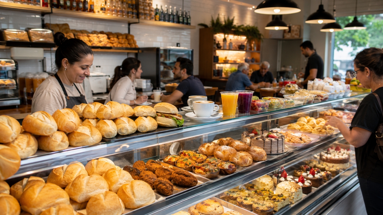 Padaria moderna combina pão francês, cafés, salgados, sanduíches, sucos e sobremesas, refletindo a transformação de um setor que deixou de ser apenas o ponto do pão quente para virar espaço de consumo rápido, encontro de bairro e conveniência diária no Brasil.