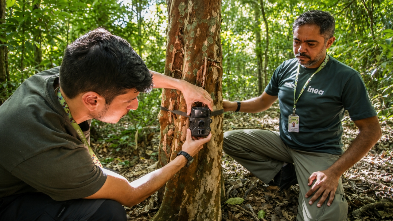 Técnicos instalam armadilha fotográfica em área de Mata Atlântica no Rio, parte do projeto que vai espalhar 480 câmeras por unidades de conservação para registrar animais silvestres, apoiar pesquisadores e atualizar uma lista de fauna ameaçada que estava sem revisão desde 1998.